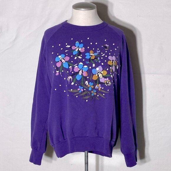 Vintage Chimp Pansy Petal Pets Purple Crew Neck Sweatshirt M - Picture 1 of 14